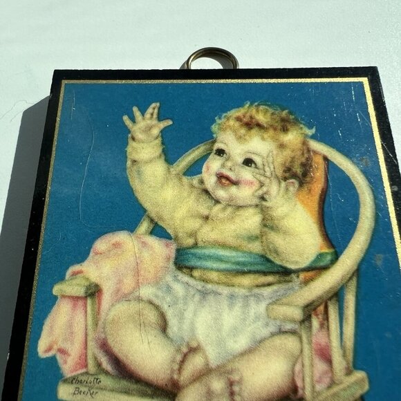 Wood Plaque Wall Decor, Charlotte Becker, Baby In Chair, 3.25"x2.75" Vintage - Picture 2 of 12